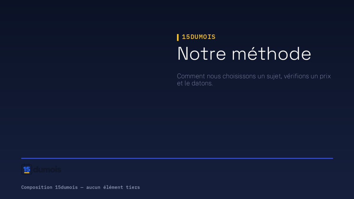 Page Notre méthode : visuel typographique 15dumois sur fond bleu nuit, présentant la façon dont un sujet est choisi, un prix vérifié et daté.