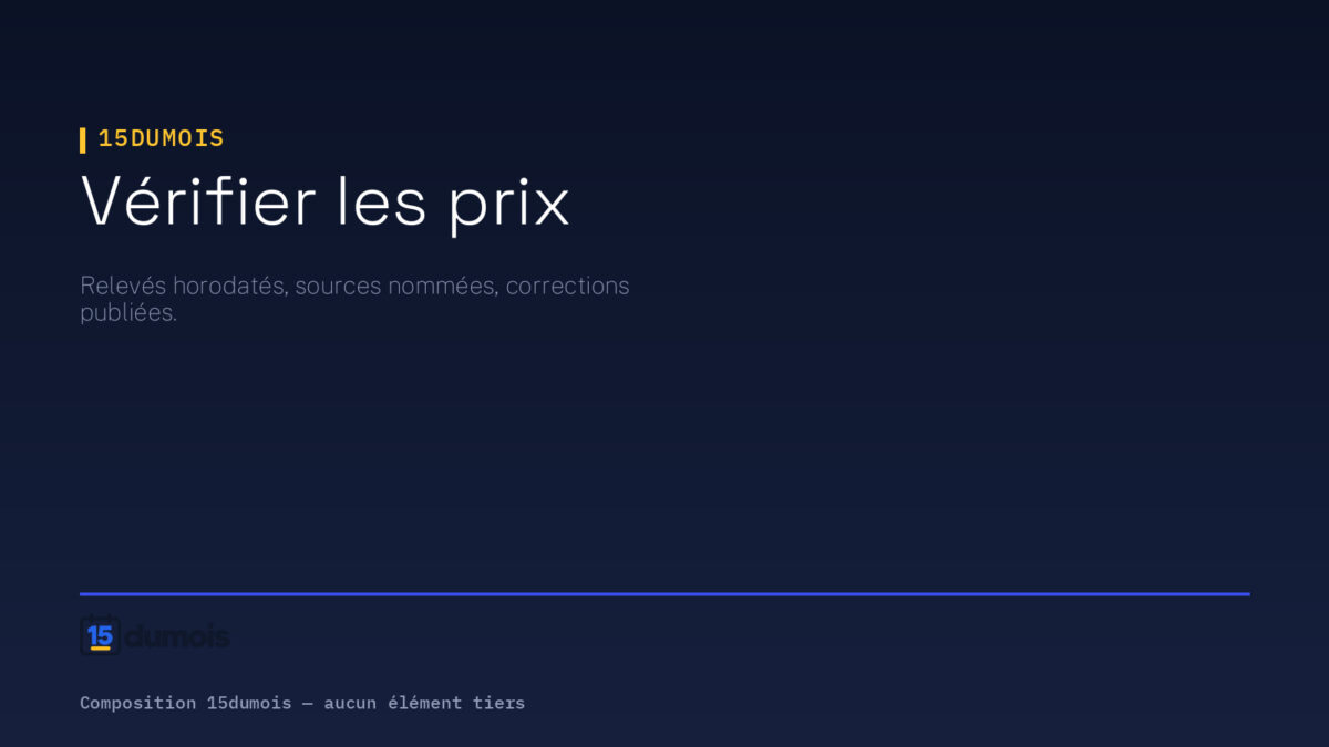 Page Comment nous vérifions les prix : visuel typographique 15dumois sur fond bleu nuit, rappelant les relevés horodatés, les sources nommées et les corrections publiées.