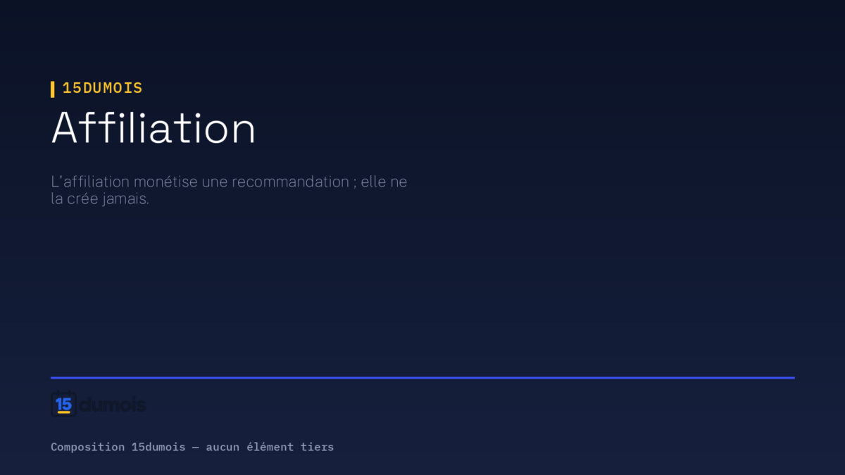 Page Affiliation et indépendance éditoriale : visuel typographique 15dumois sur fond bleu nuit, rappelant que l'affiliation monétise une recommandation mais ne la crée jamais.