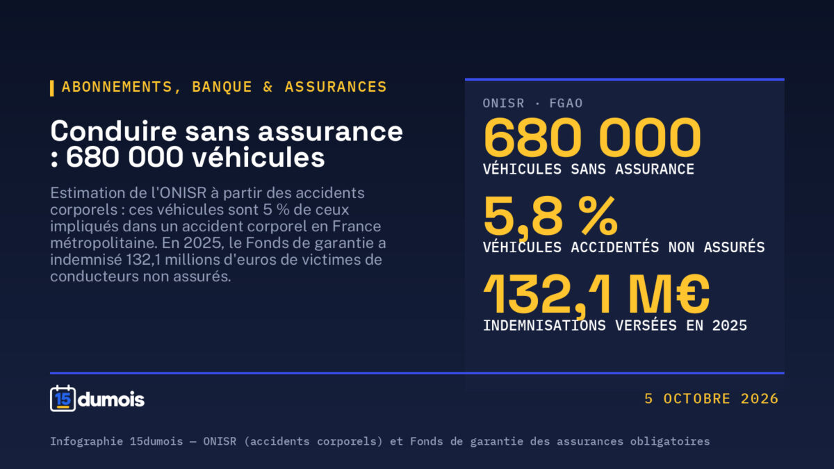 Infographie 15dumois : l'ONISR estime à 680 000 le nombre de véhicules circulant sans assurance en France métropolitaine ; 5,8 % des véhicules impliqués dans un accident corporel en 2024 n'étaient pas assurés ; le Fonds de garantie des assurances obligatoires a versé 132,1 millions d'euros aux victimes en 2025.