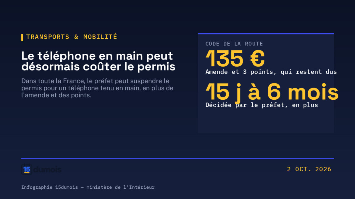 Infographie 15dumois : le téléphone en main au volant peut désormais entraîner la suspension du permis partout en France — l'amende de 135 € et le retrait de 3 points restent dus, et le préfet peut prononcer une suspension allant de 15 jours à 6 mois.