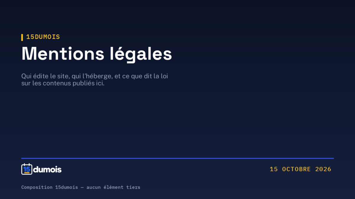 Page Mentions légales : visuel typographique 15dumois sur fond bleu nuit, indiquant qui édite le site, qui l’héberge, et ce que dit la loi sur les contenus publiés ici.