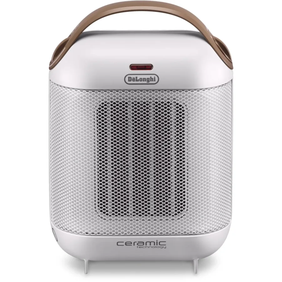 Chauffage soufflant céramique De’Longhi HFX30C18, blanc à poignée marron, vu de face sur fond blanc