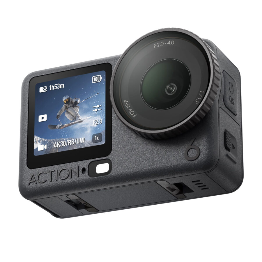 Caméra d’action DJI Osmo Action 6 de trois quarts, sur fond blanc
