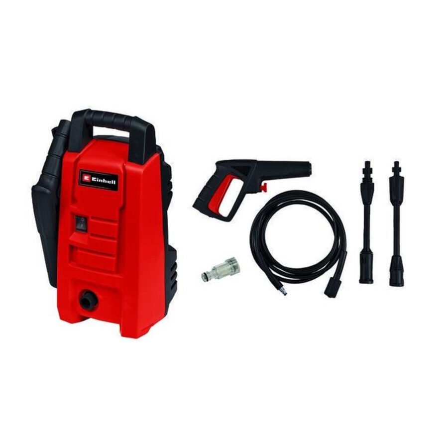Nettoyeur haute pression Einhell TC-HP 90 rouge et noir, avec sa poignée intégrée, présenté avec son pistolet, son flexible, son raccord d’eau et ses deux buses, sur fond blanc