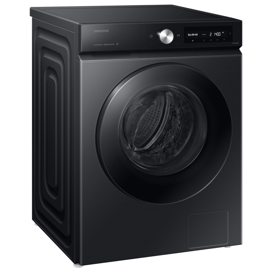 Lave-linge Samsung WW90DB7U94GBU3 noir, vue de trois quarts sur fond clair