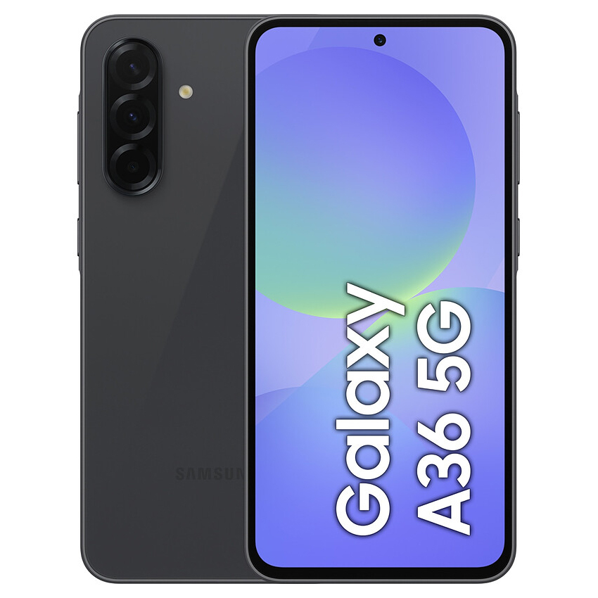 Smartphone Samsung Galaxy A36 5G noir, dos et face avant, sur fond blanc