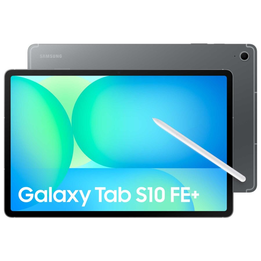 Tablette Samsung Galaxy Tab S10 FE+ grise, face avant allumée et dos, avec S Pen